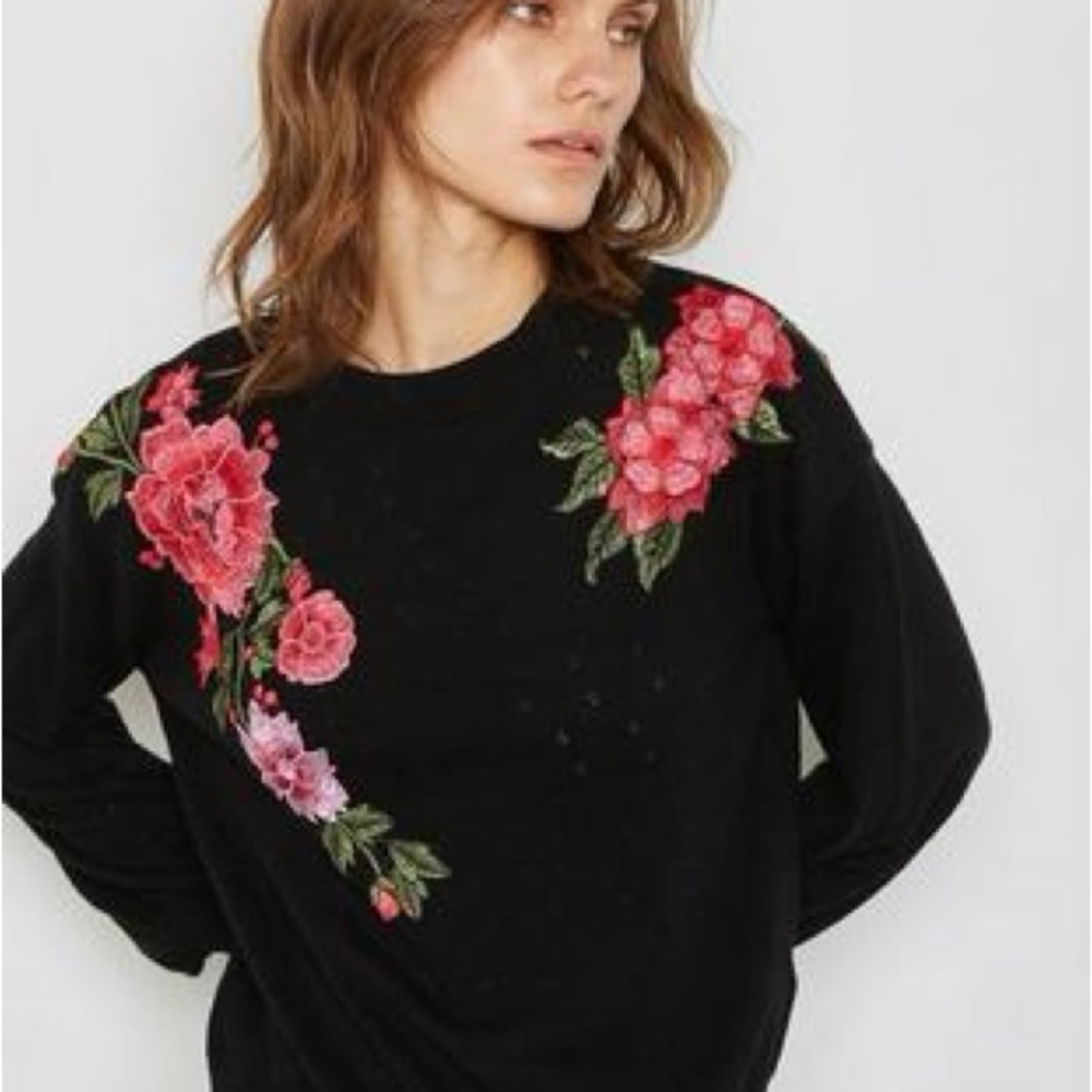 Topshop Black Knit Sweater with Floral Embroidery